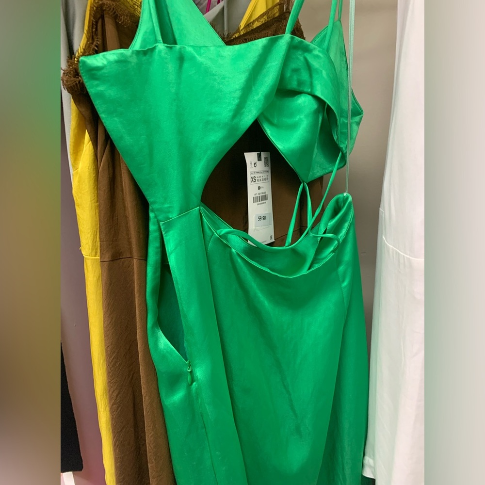 Worn once Zara Satin Asymmetric Midi Dress - Green - Picture 3 of 5